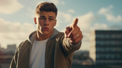 Poster - A young man confidently pointing directly at the camera. Perfect for business presentations or advertisements