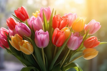 Poster - A vibrant display of tulips arranged in a vase. Perfect for adding a pop of color to any space