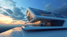 Futuristic House With Solar Panels Against Blue Sky