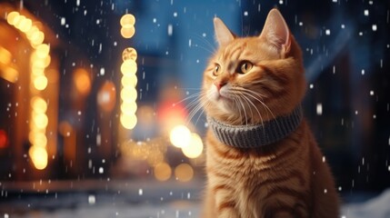 Wall Mural - A cat wearing a scarf in the snow. Perfect for winter-themed designs and holiday projects