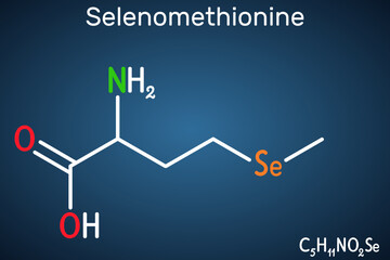 Sticker - Selenomethionine molecule. It is naturally occurring amino acid. Structural chemical formula on the dark blue background