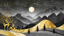 3d Modern Art Mural Wallpaper Night Landscape With Dark Mountains Gray Background With Stars Deer Black Trees And Golden Waves Generative Ai