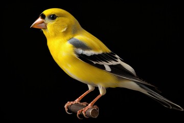 Poster - A yellow bird perched on a piece of wood. Perfect for nature enthusiasts and bird lovers