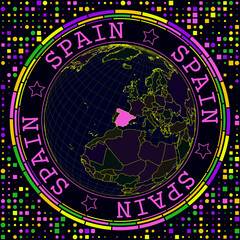 Fototapete - Futuristic Spain on globe. Bright neon satellite view of the world centered on Spain. Geographical illustration with shape of country and geometric background. Creative vector illustration.