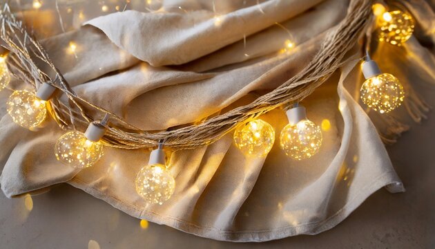 gold string lights on a boho style christmas background generative ai