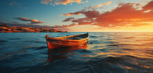 Wooden Boats On The Shore Of A Lake At Sunset, Small Wooden Boats Parked On The Shore Of The Lake, Two Wooden Boats In The Water At Sunset. 