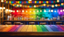 Miami Bar Background With Empty Wooden Table For Product Display Indoor Blurred Background Colorful Rainbow Color Bokeh Lights Copy Space Lgbt Pride Rainbow Flag Symbol Gays And Lesbians Lgbt L