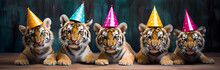 Five Tiger Cubs Wear Happy Birthday Party Hats. They Sit On Wood. Blue Wall Behind. They Look Curious And Playful