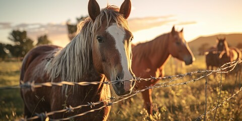 Poster - A group of horses standing behind a barbed wire fence. Suitable for themes related to captivity, freedom, and rural landscapes