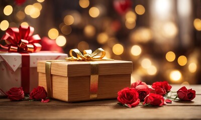 Gift box on wooden table and valentine decorations with defocused boke background