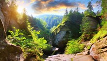 Fabulous View From The Bottom Of Canyon To The Top Of Trees Green Summer Scene Of Popular Tourist Destination Protyati Kameni Amazing Landscape Of Carpathian Mountains Ukraine