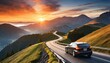 car on mountain road traveling around the world highways and sunset ai generated art