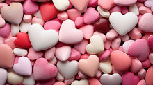 Background Full Of Candies In Pink Shades With Heart Shapes And Different Sizes. Valentine's Day Concept
