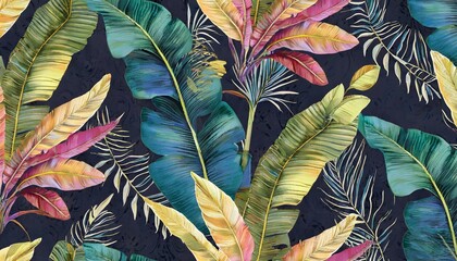 Wall Mural - tropical luxury exotic seamless pattern pastel colorful banana leaves palm hand drawn vintage 3d illustration dark glamorous background design good for wallpapers tapestry cloth fabric printing
