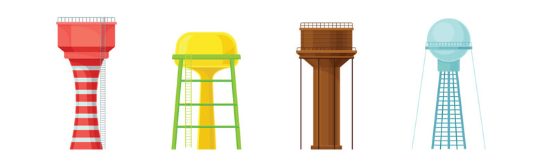 Tall Water Tower with Metal Tank for Liquid Storage Vector Set