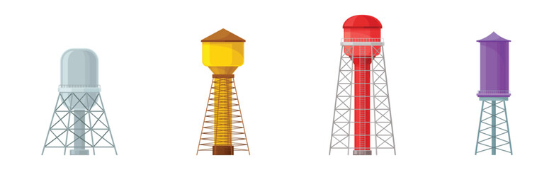 Sticker - Tall Water Tower with Metal Tank for Liquid Storage Vector Set