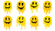 Melting smiles in flat style. Cute cartoon melted yellow smiling face avatars, stickers. Funny faces in trippy acid rave style.