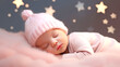 © Ольга Зуевская - Cute newborn baby asleep in a pink hat with stars above her head. AI generated illustration.