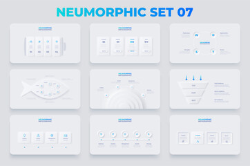 Wall Mural - Neumorphism infographics elements set with 3, 4 and 5 options. Battery, funnel, fishbone and SWOT diagram
