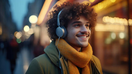 Poster - Young man smiling while looking at his phone and listening to music with headphones in an urban outdoor setting.