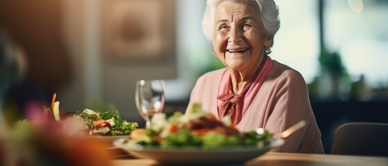 Elderly woman enjoying nutritious meal at home. Healthy aging and diet.