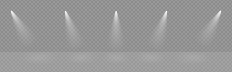 Poster - Modern spotlight ray studio png scene. Transparent lamp beam cinema effect. Club empty stage glow. Projector festive vector illustration