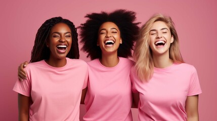 Wall Mural - Horizontal shot of three optimistic young women of different race smile gladfully keep palms raised laugh out loudly react to something awesome dressed casually isolated over pink