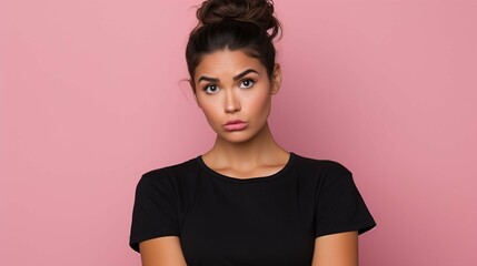Wall Mural - Serious displeased Latin woman with hair bun raises eyebrows looks attentively at camera purses lips has dimple on cheek dressed in casual black t shirt and jeans isolated over pink