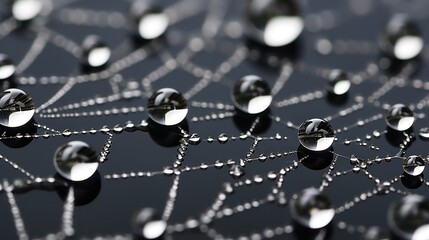 Poster -  a close up of a bunch of water droplets on a black surface with a white dot in the middle of the image.