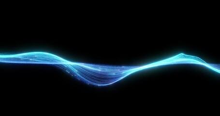 Poster - line of shimmering blue particles flows in a continuous wave, representing data streaming in a high-