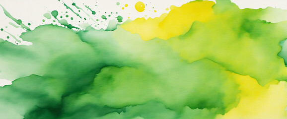 Watercolor painting with green and yellow splotches of thickened paint on paper