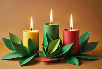 Kwanzaa Celebration Card Background with Paper Leaf Candleholder. Paper Craft Design for Festive Greetings.