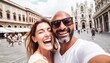 © Malynka - Happy couple taking selfie in front of cathedral in Italy, Two tourists having fun on romantic summer vacation in Italy ,Holidays and traveling lifestyle