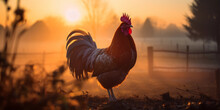 Rooster Crowing At Dawn, Misty Morning, Backlit By The Rising Sun Creating A Halo Effect