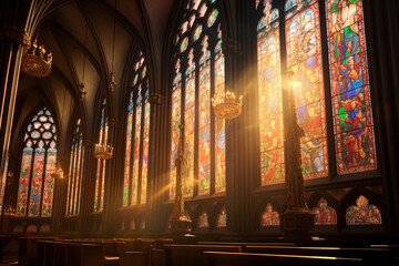 Wall Mural - Gothic cathedral, intricate stained glass windows, towering spires, soft morning light filtering in