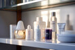 shelf of skincare products like moisturizers and serums in a modern bathroom