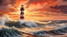  A Painting Of A Lighthouse In The Middle Of A Large Body Of Water With A Red And White Lighthouse On Top Of It.