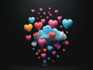 lovely clouds with floating hearts, black background, isolated for design