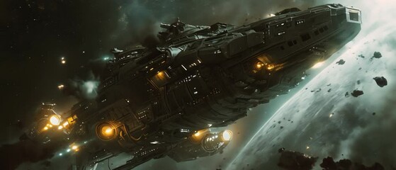 colossal spaceship flying through an asteroid field in cinematic sci-fi animation