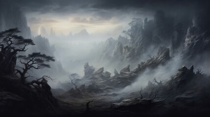 Sticker -  a painting of a foggy mountain landscape with trees in the foreground and fog in the sky in the background.