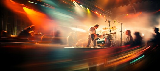 Wall Mural - Blurred bokeh effect  colorful lights and crowd at music festival with live band performing on stage