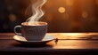  a cup of coffee with steam rising out of it on a saucer on a wooden table in front of a boke of lights.