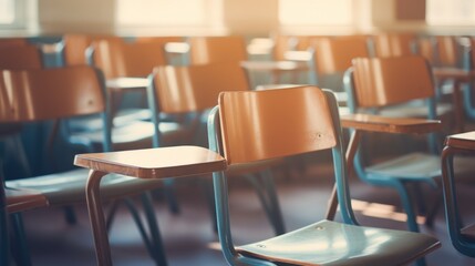 Sticker -  a row of chairs sitting next to each other in front of a window with sunlight coming through the window panes.