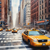 Fototapeta  - New York City street with taxi: watercolor art painting capturing urban landscape, architecture and the vibrant city life.