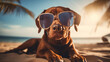 A dog wearing sunglasses lies on the beach, generative AI