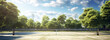 Banner with tennis court in city park, green trees all around, generative AI