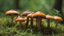 Closeup Of Forest Mushrooms In Grass