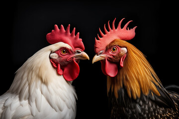 rooster on the background. Close-up of rooster against black background. Colorful rooster symbol head angry .Close-up portrait of two black hens 