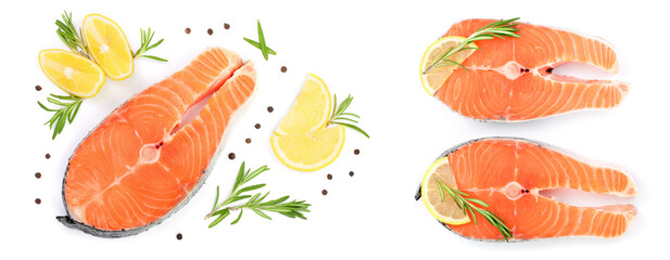 Wall Mural - Slice of red fish salmon with lemon, rosemary and peppercorns isolated on white background. Top view. Flat lay