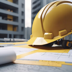 Close up of architecture project of building and yellow helmet over design equipment